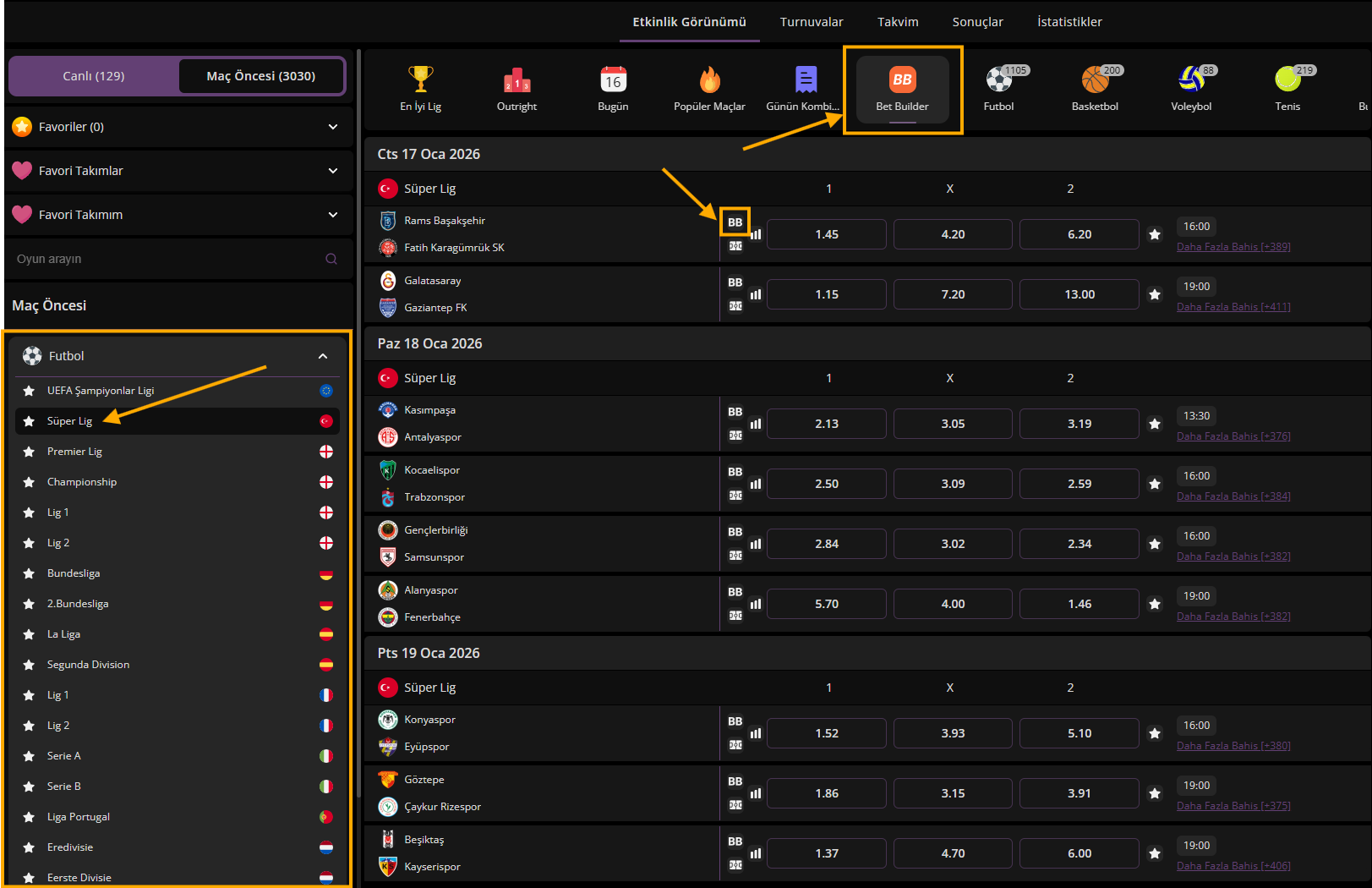 Bet Builder Karşılaşmaları